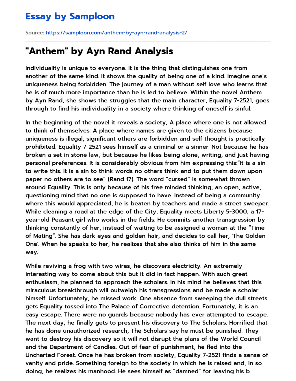 “Anthem” by Ayn Rand Analysis Analytical Essay essay