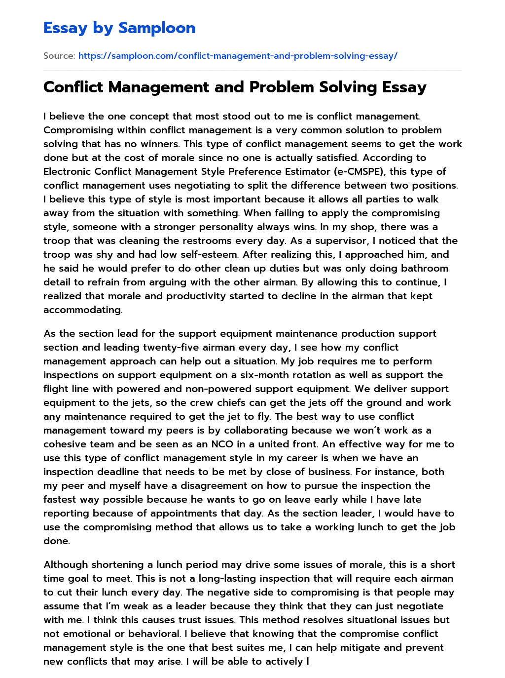 Conflict Management And Problem Solving Essay Free Essay Sample On 