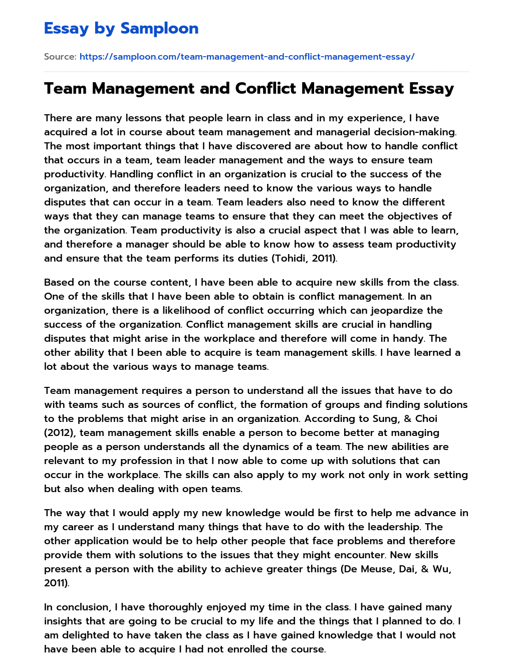 Team Management and Conflict Management Essay essay