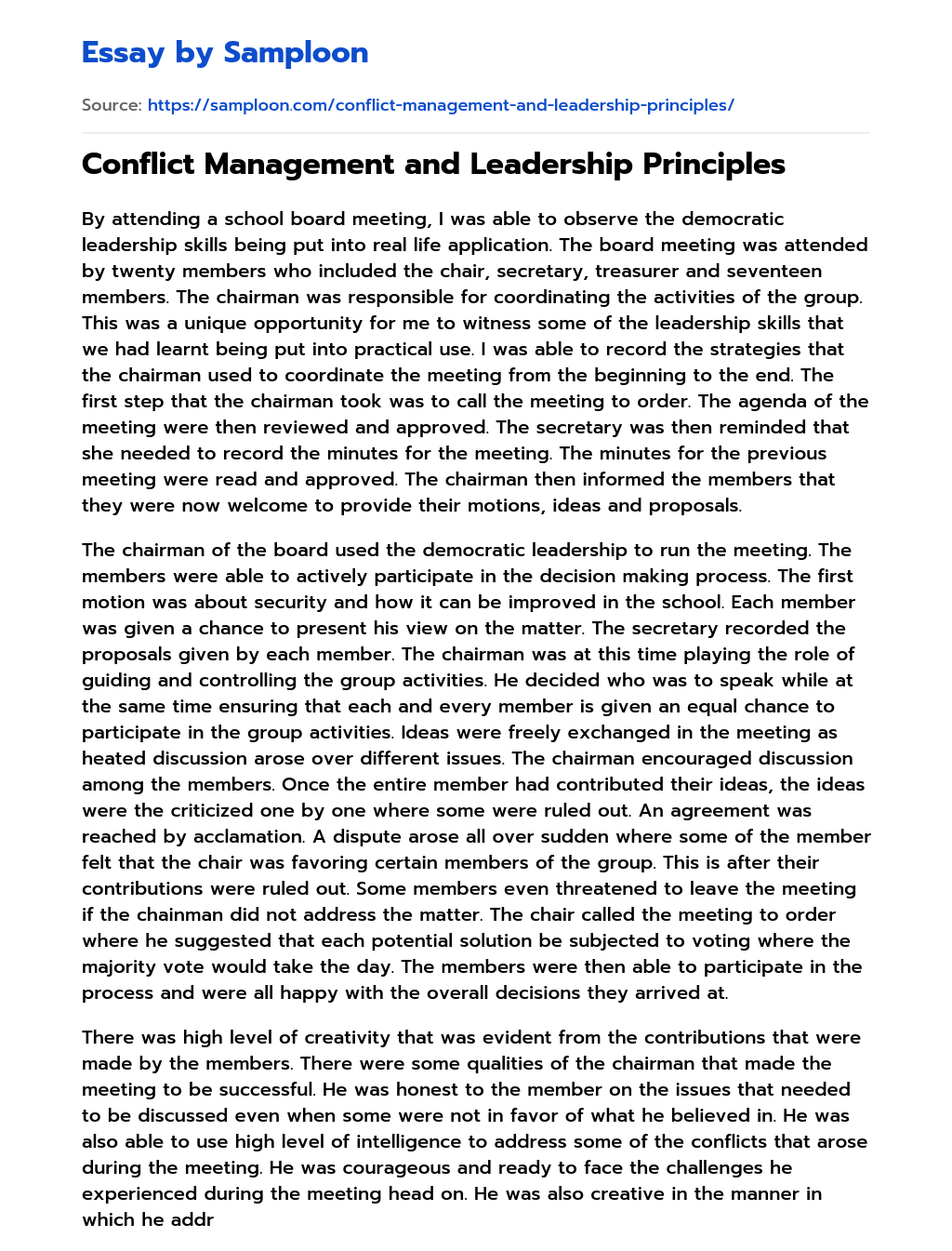 Conflict Management and Leadership Principles essay