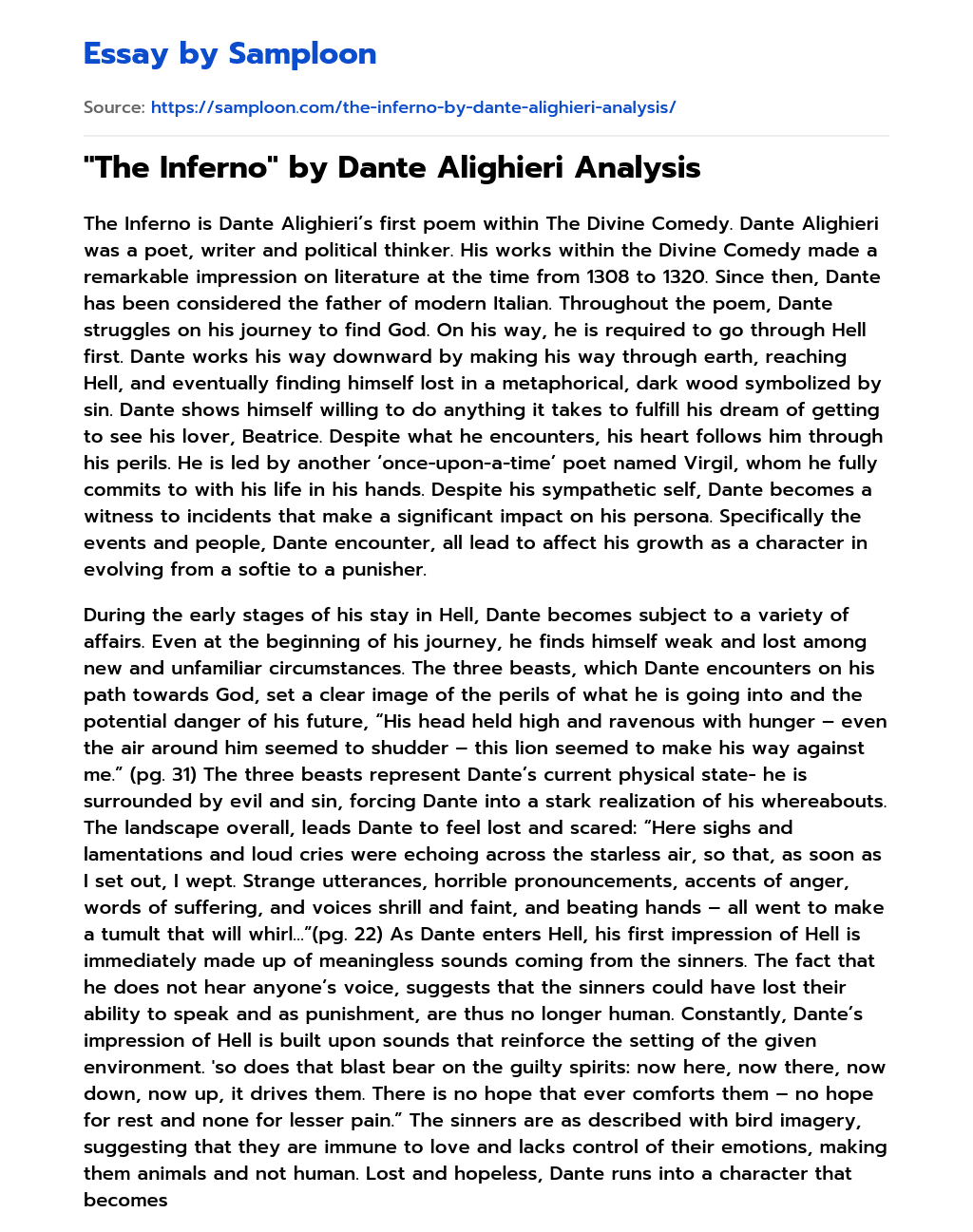 “The Inferno” by Dante Alighieri Analysis essay