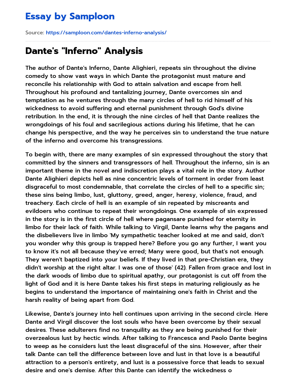 Dante’s “Inferno” Analysis essay