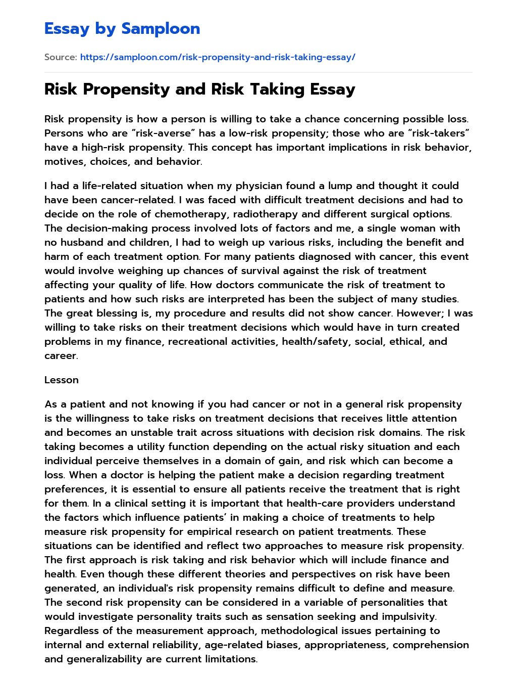 risk taking essay examples