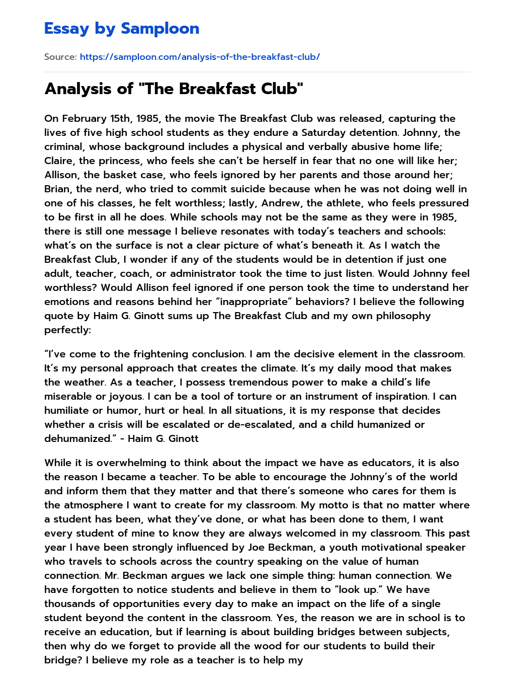 Analysis of “The Breakfast Club” essay
