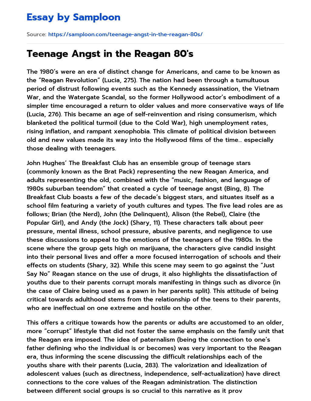 Teenage Angst in the Reagan 80’s essay