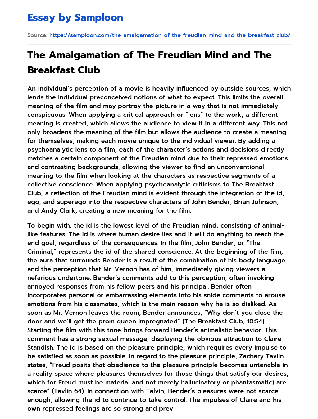 The Amalgamation of The Freudian Mind and The Breakfast Club essay