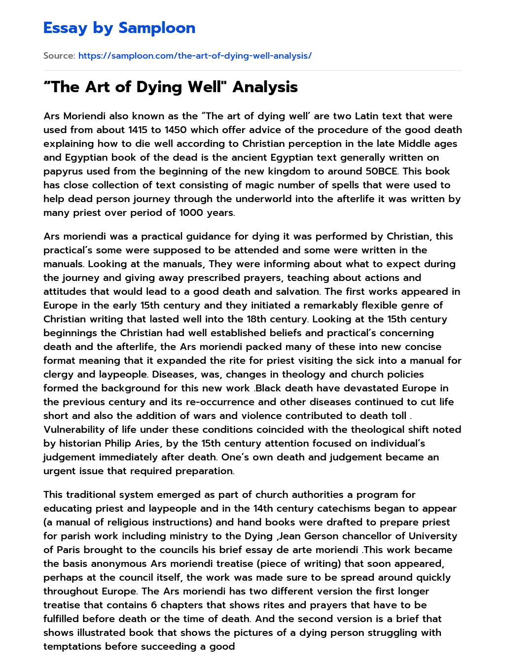 “The Art of Dying Well” Analysis essay