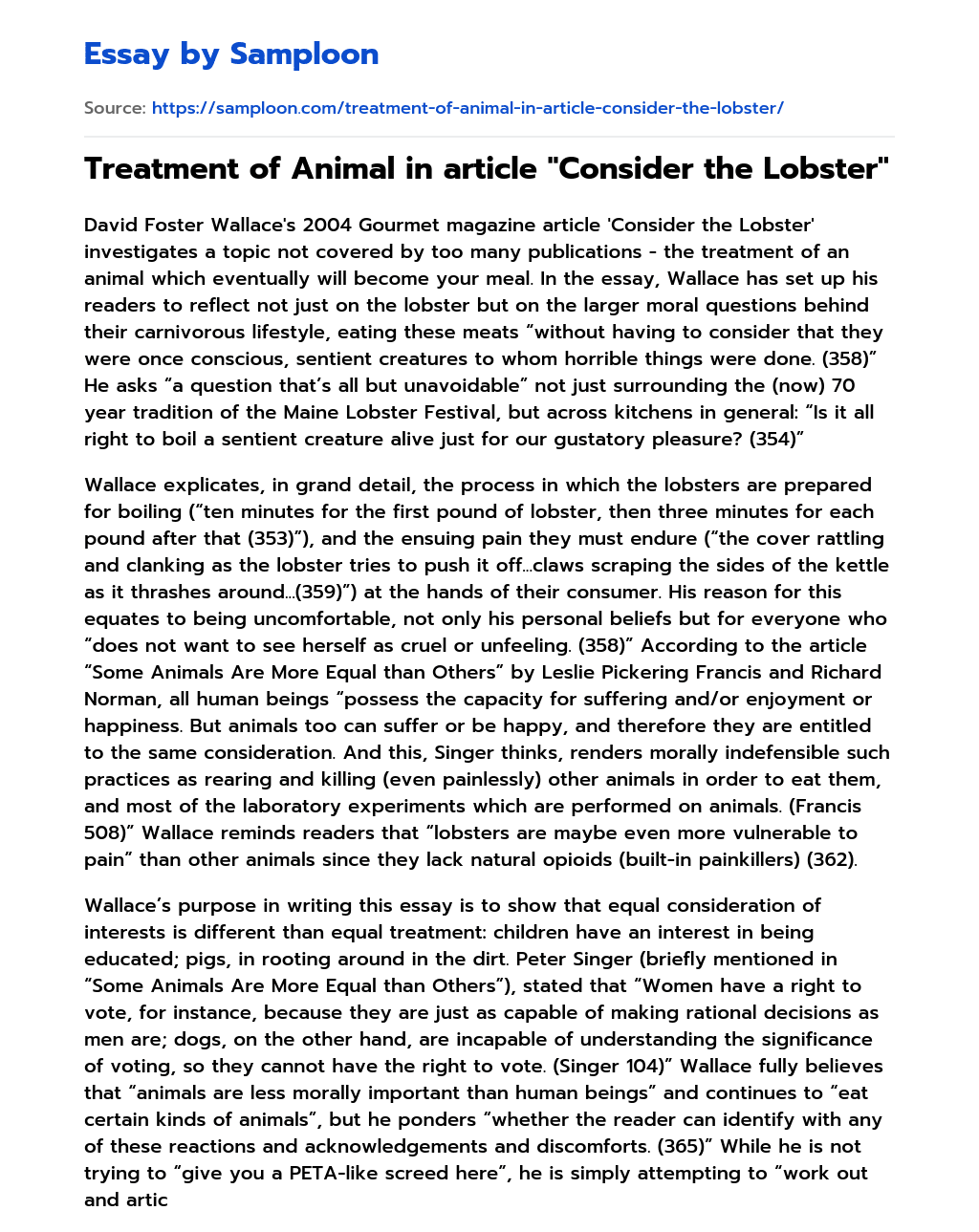 Treatment of Animal in article “Consider the Lobster” Analytical Essay essay