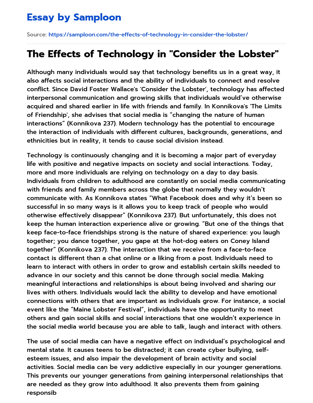 The Effects of Technology in “Consider the Lobster” essay