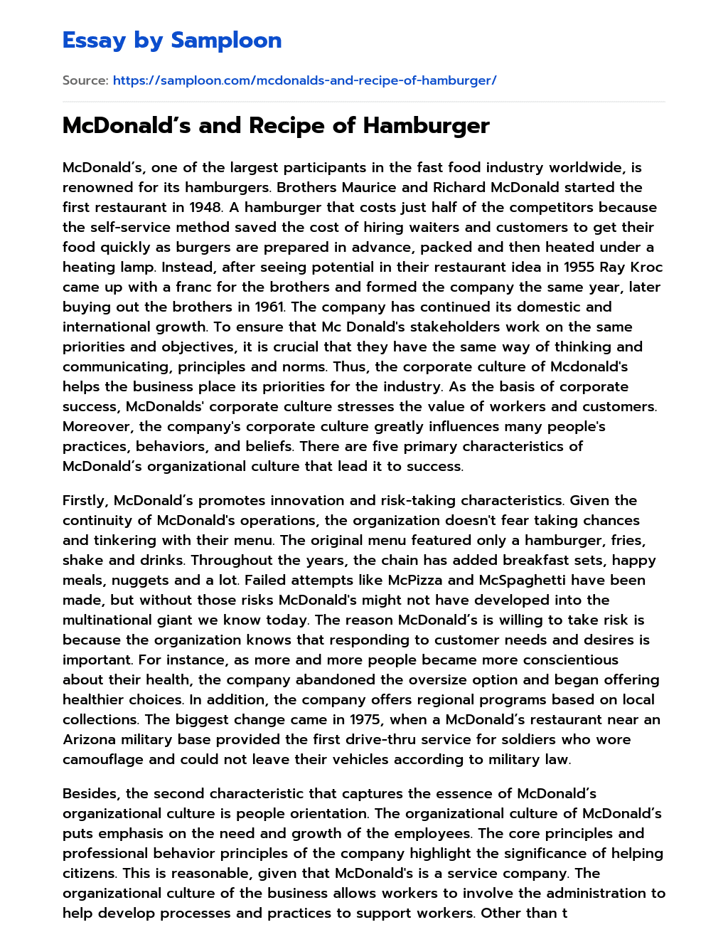 McDonald’s and Recipe of Hamburger essay