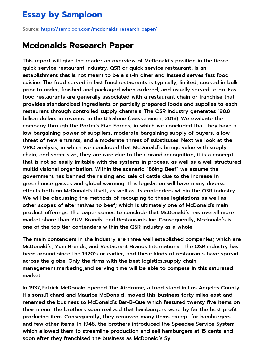 mcdonald's food research paper