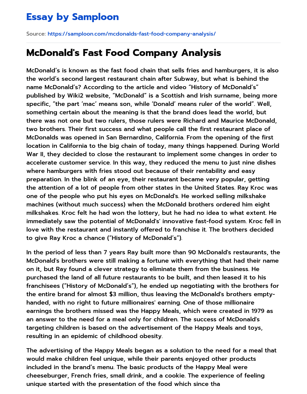 McDonald’s Fast Food Company Analysis essay