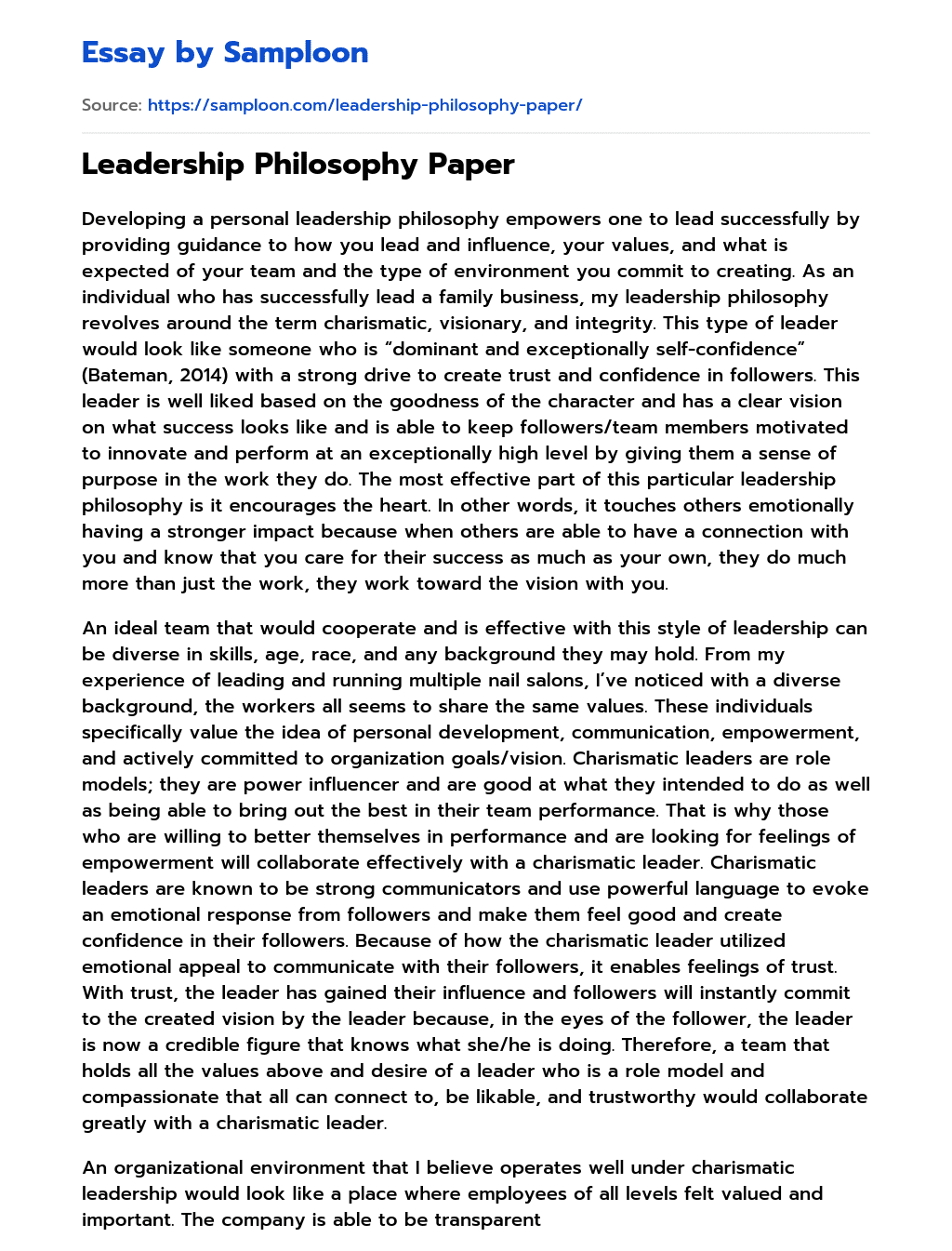 Leadership Philosophy Paper essay