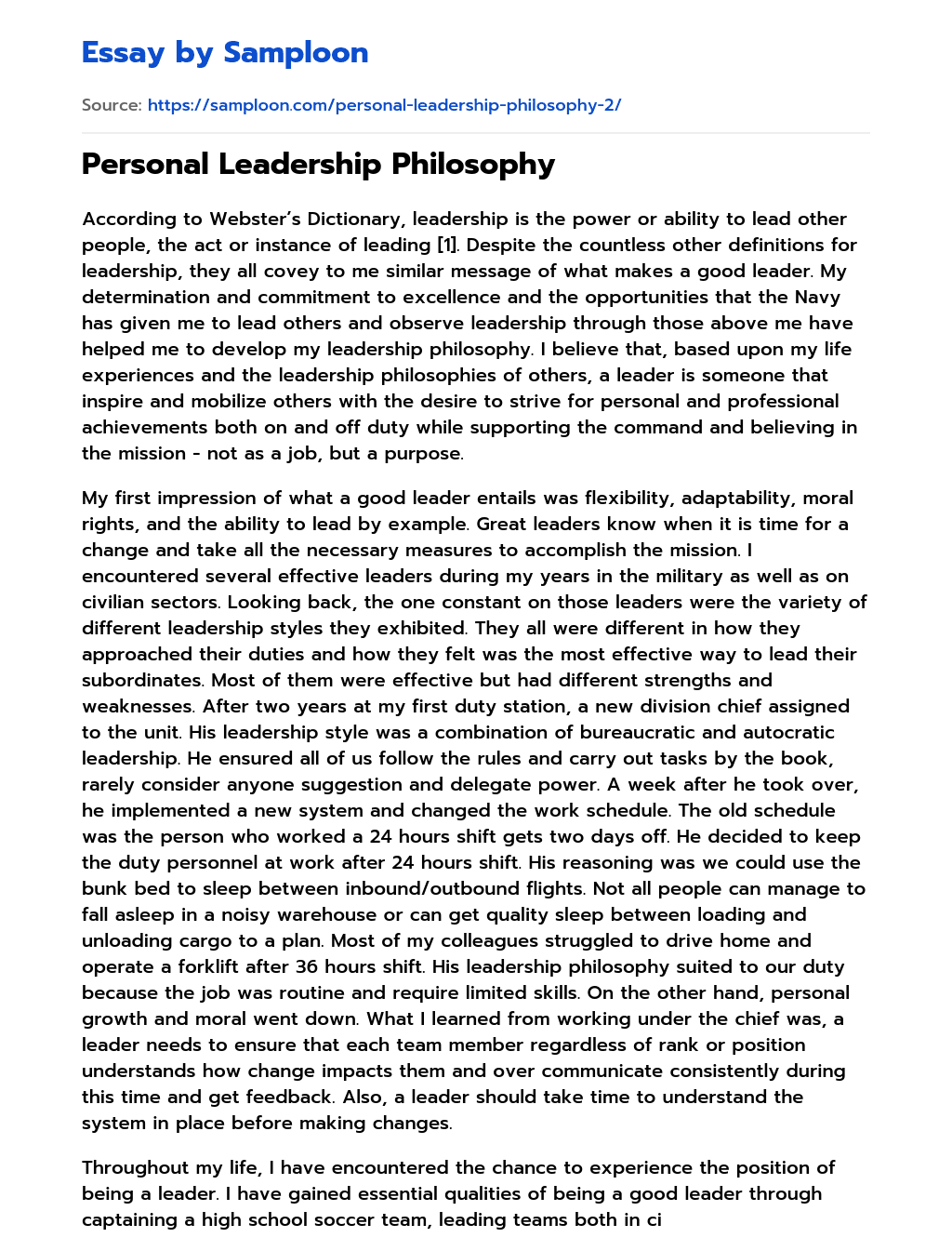 Personal Leadership Philosophy Free Essay Sample On Samploon