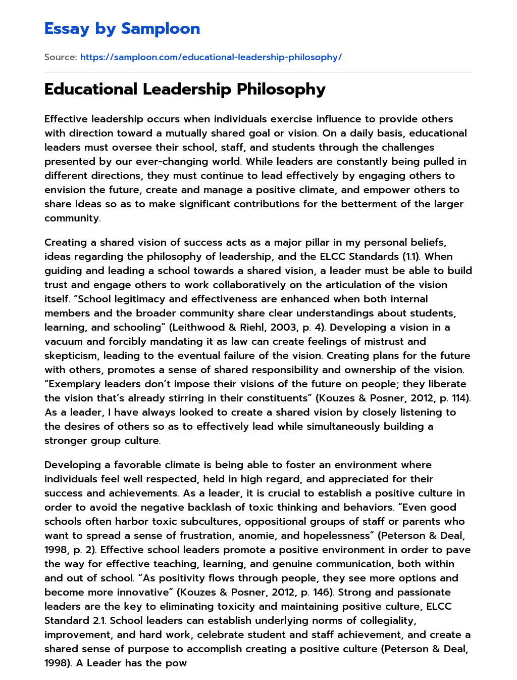 philosophy of leadership in education essay