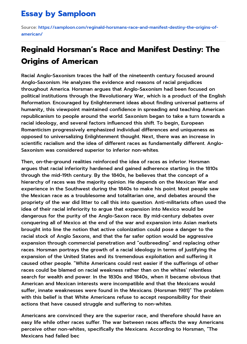 Reginald Horsman’s Race and Manifest Destiny: The Origins of American essay