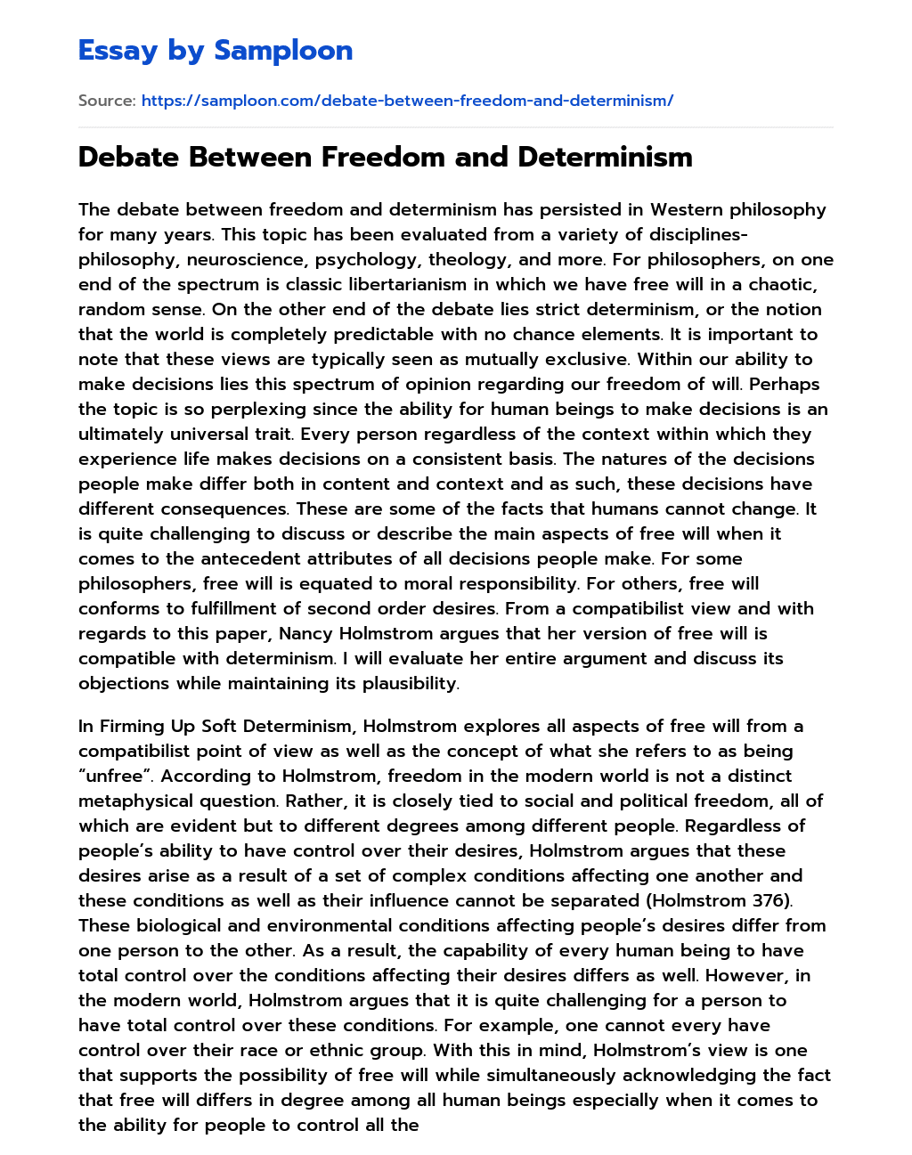 Debate Between Freedom and Determinism essay