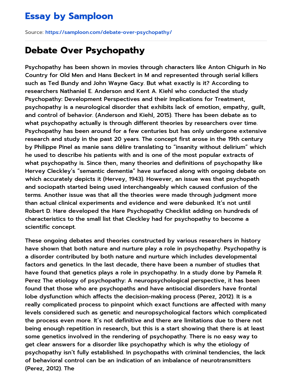 Debate Over Psychopathy essay