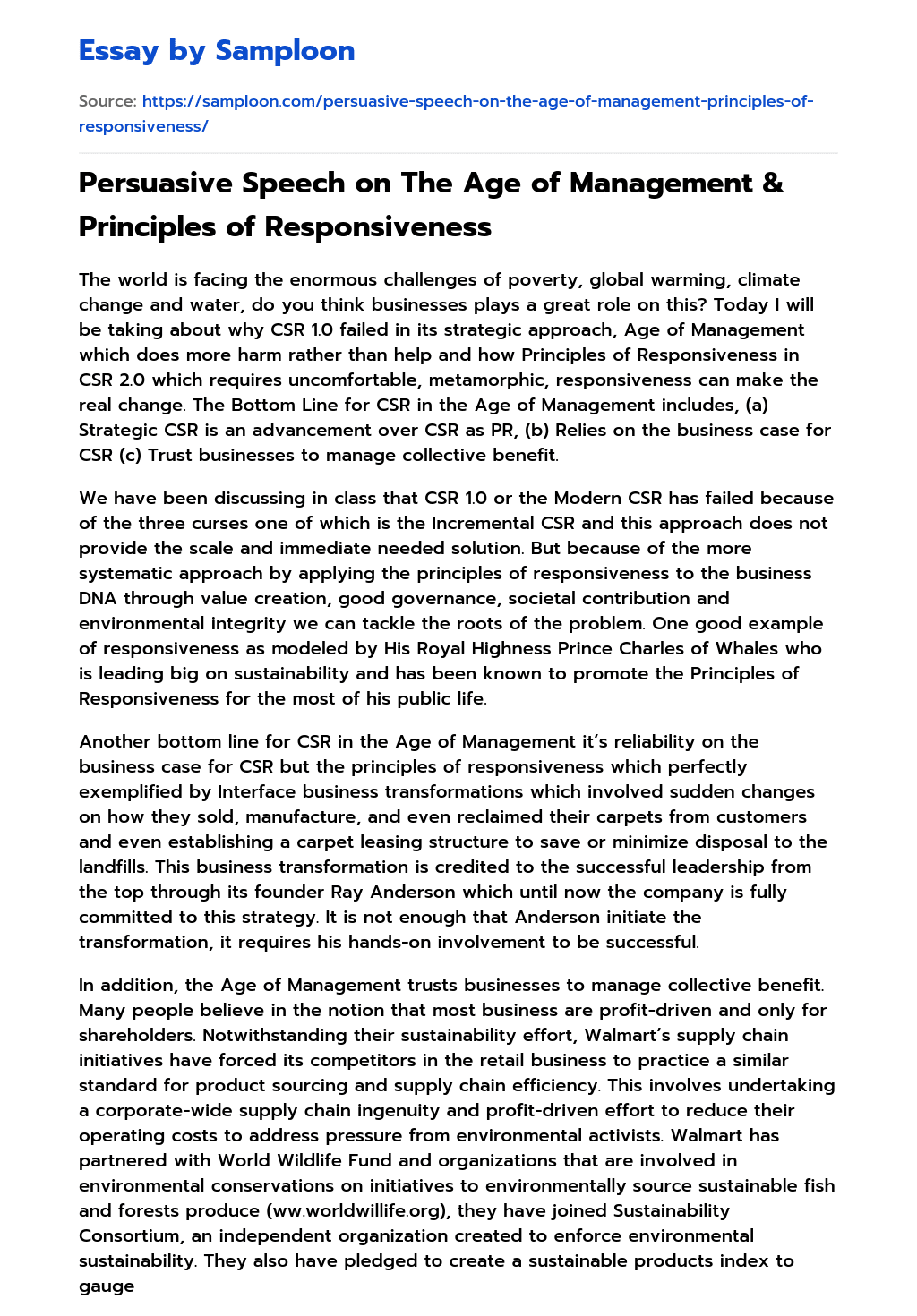 Persuasive Speech on The Age of Management & Principles of Responsiveness essay