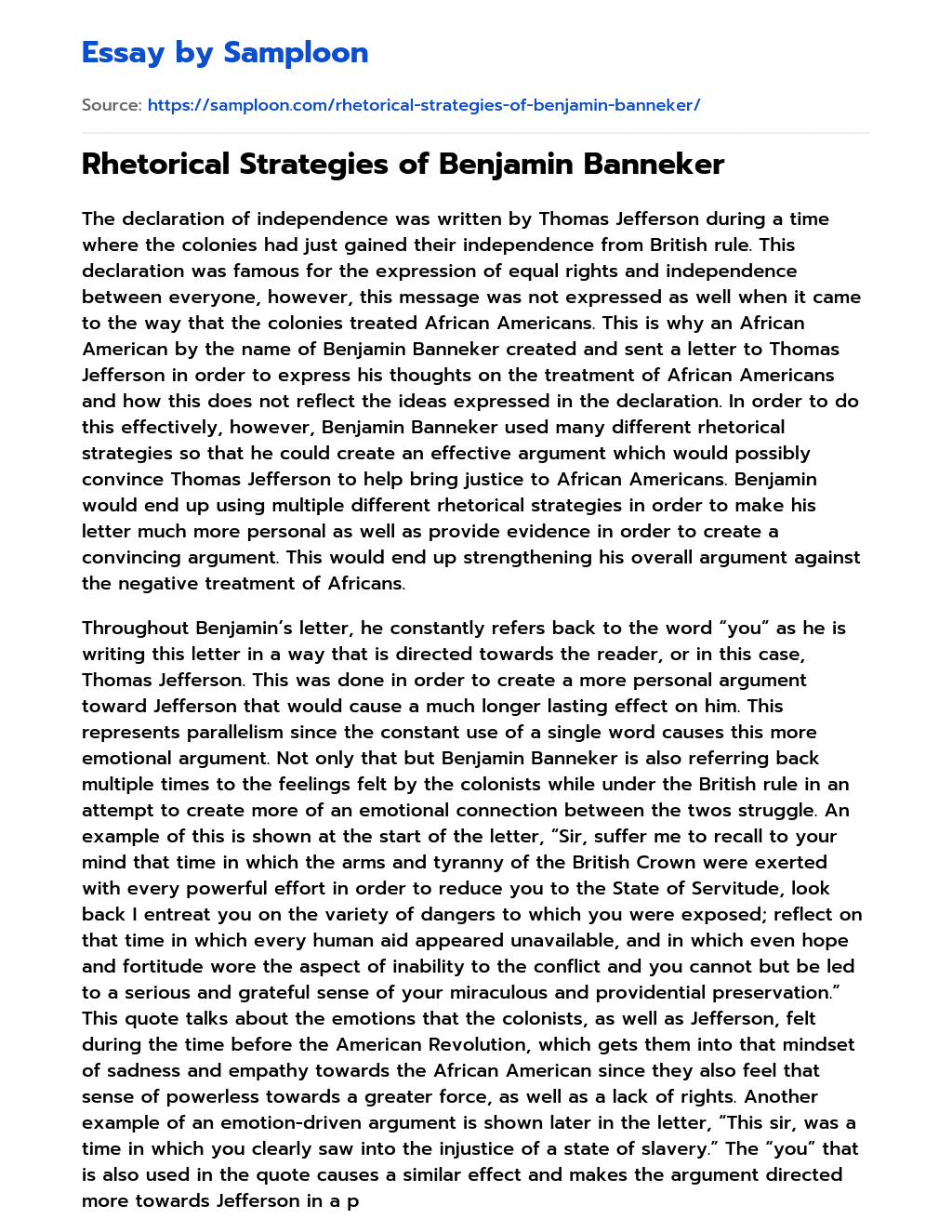 Rhetorical Strategies of Benjamin Banneker essay