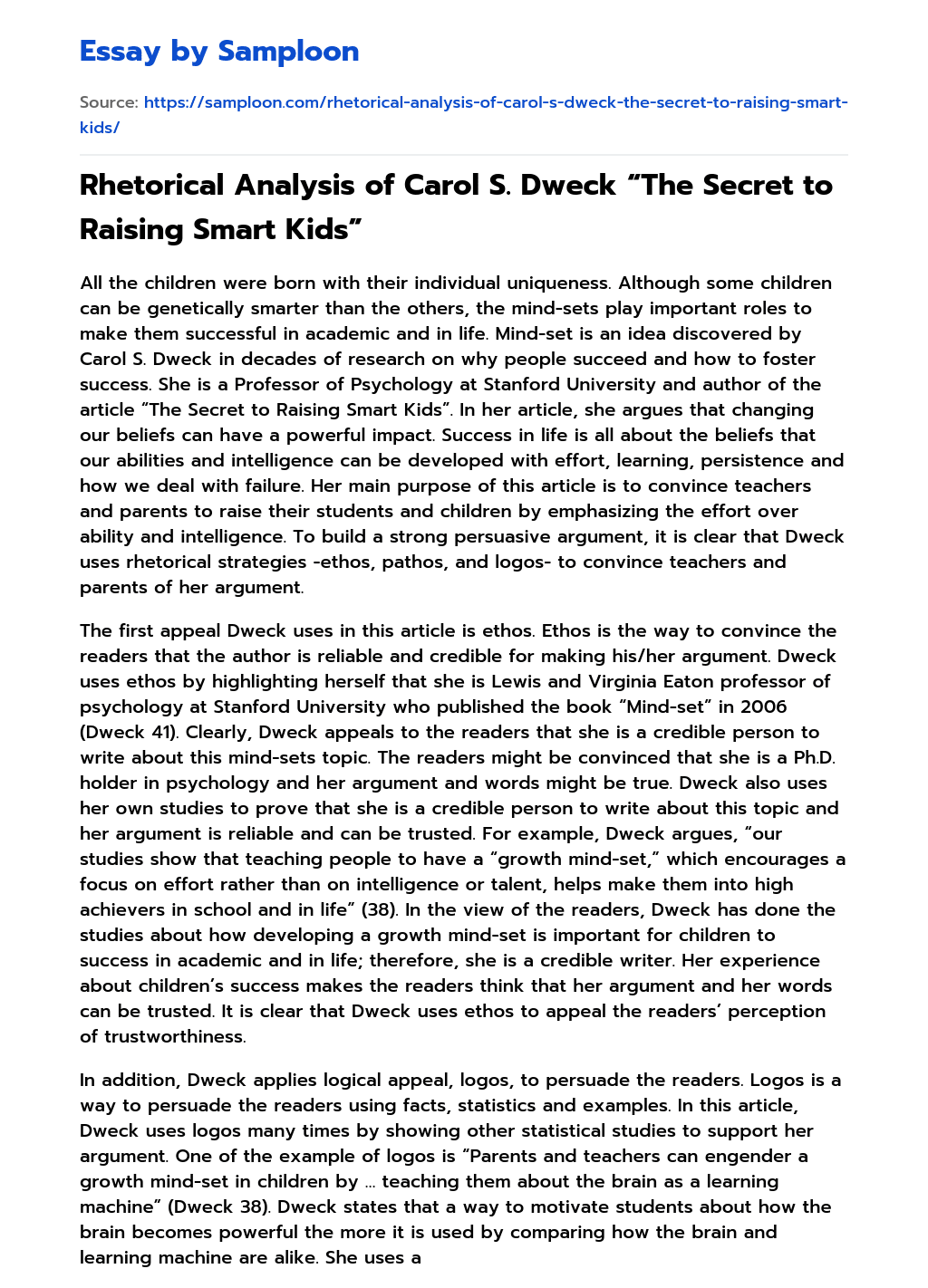 Rhetorical Analysis of Carol S. Dweck “The Secret to Raising Smart Kids” essay
