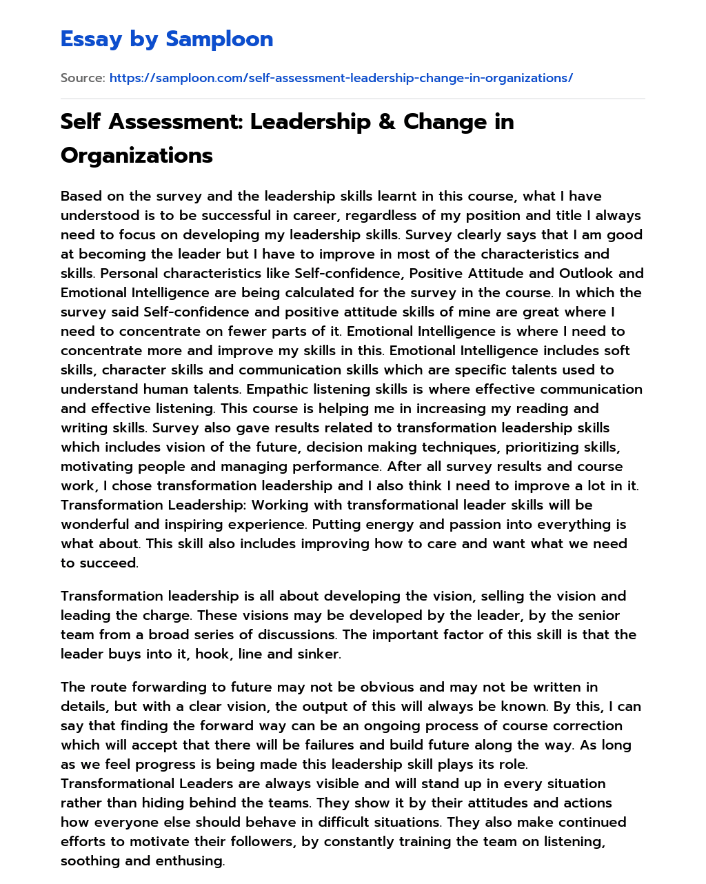 Self Assessment: Leadership & Change in Organizations essay