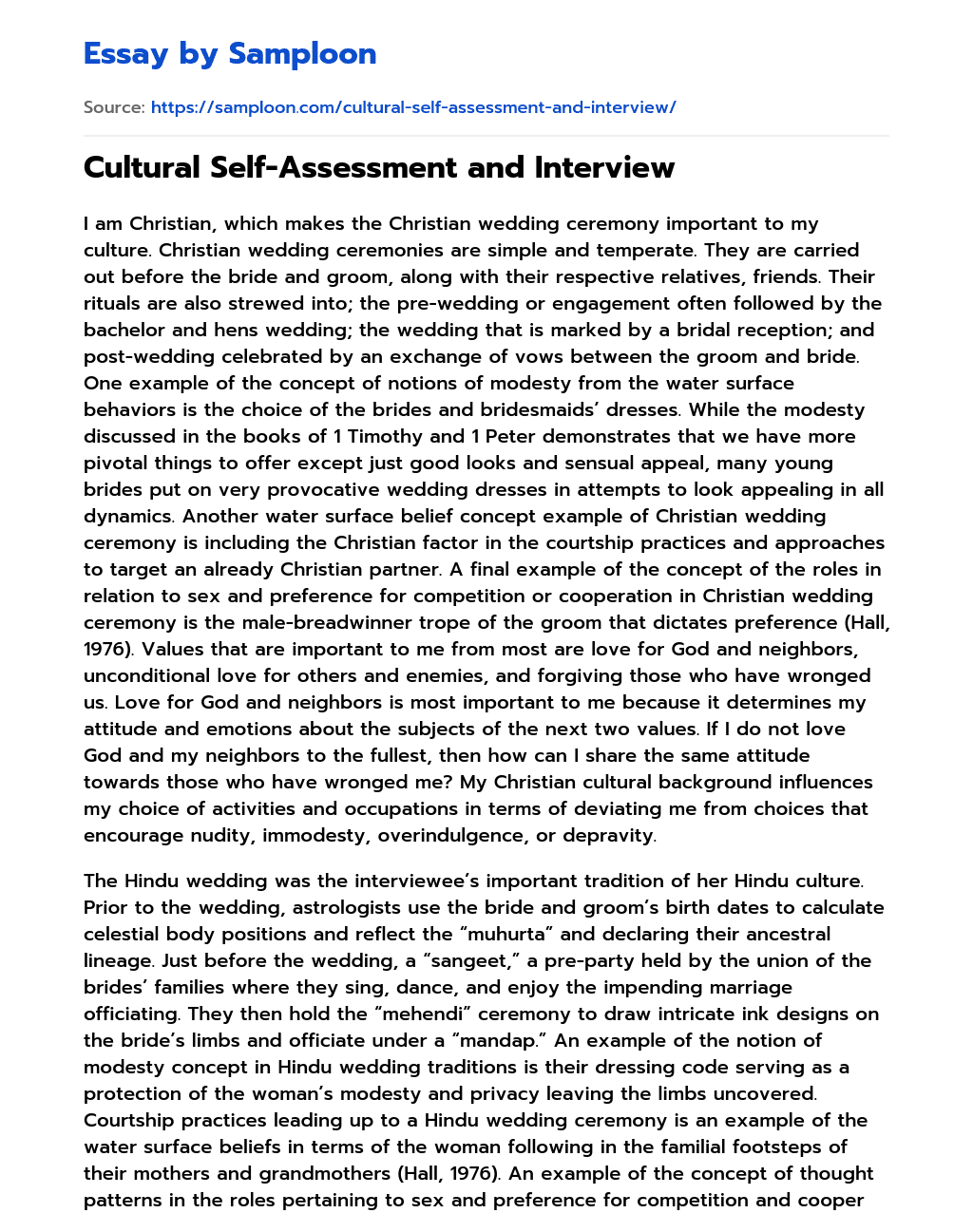 Cultural Self-Assessment and Interview essay