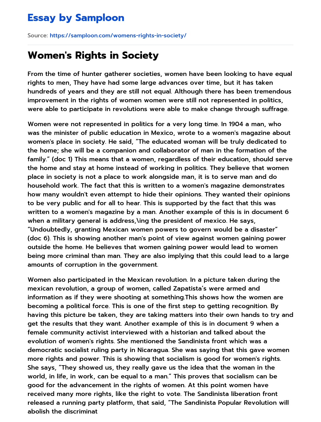 Women’s Rights in Society essay