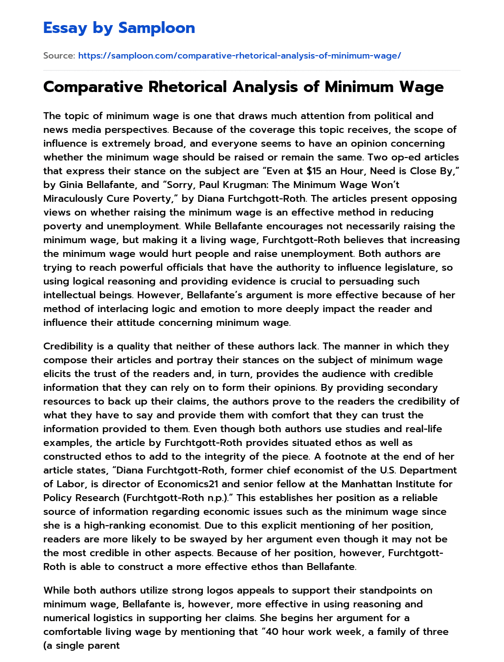 Comparative Rhetorical Analysis of Minimum Wage essay