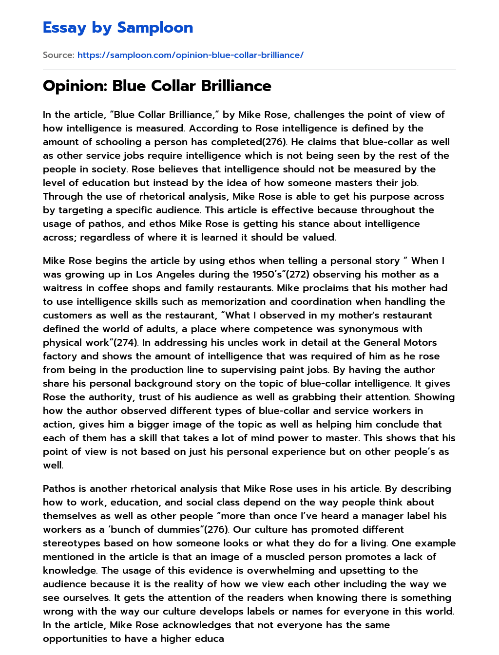 Opinion: Blue Collar Brilliance Analytical Essay essay