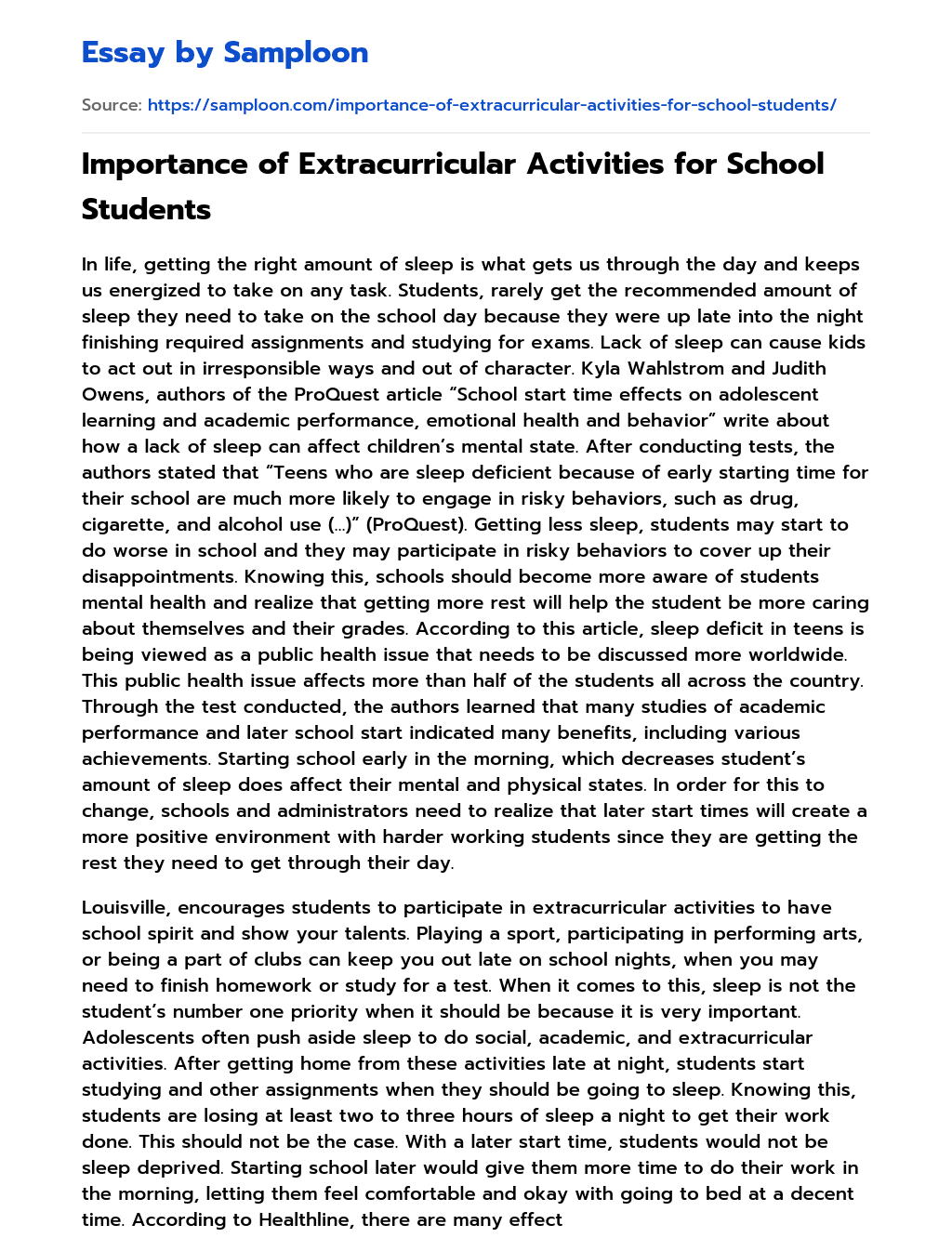 Importance of Extracurricular Activities for School Students essay
