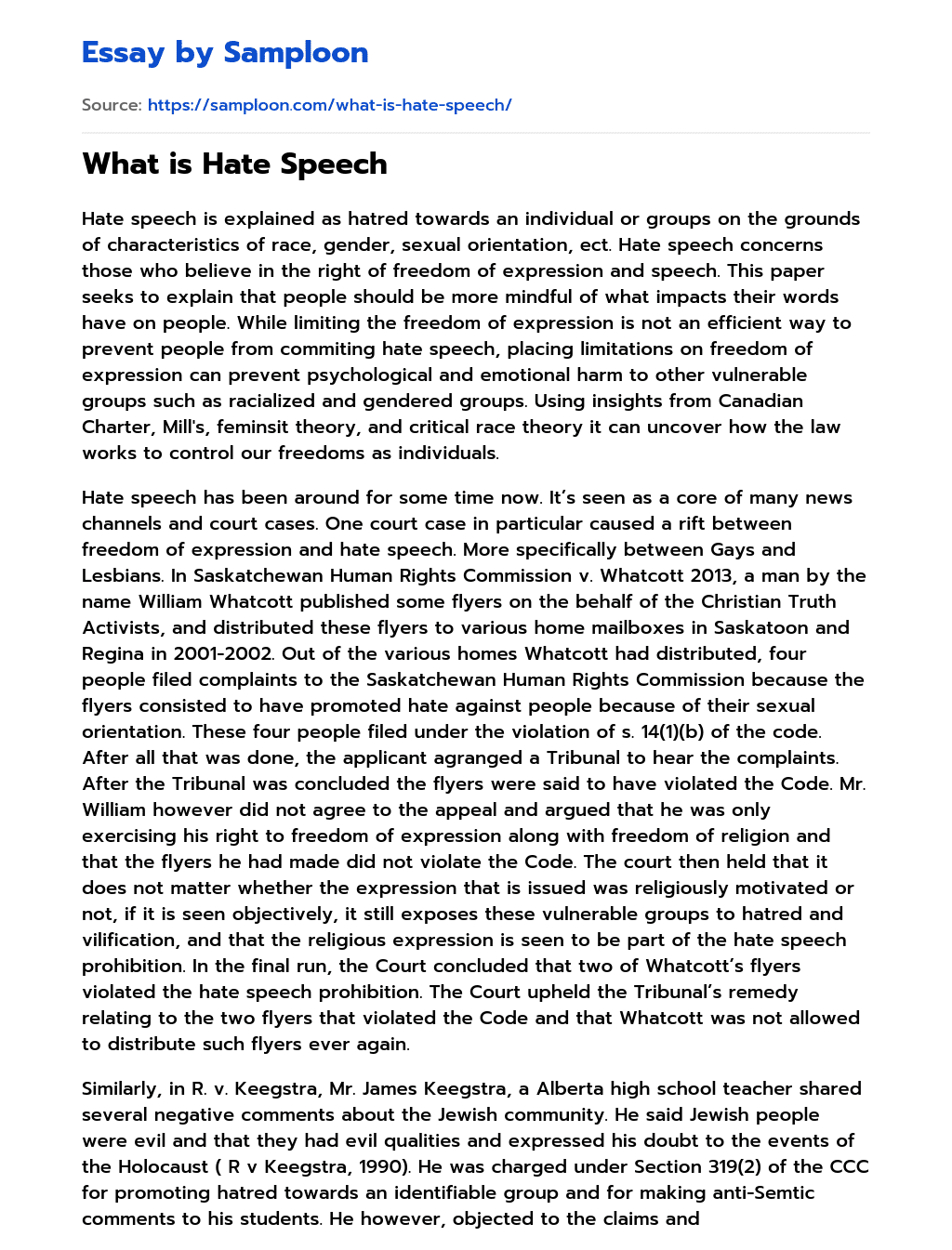 What is Hate Speech essay