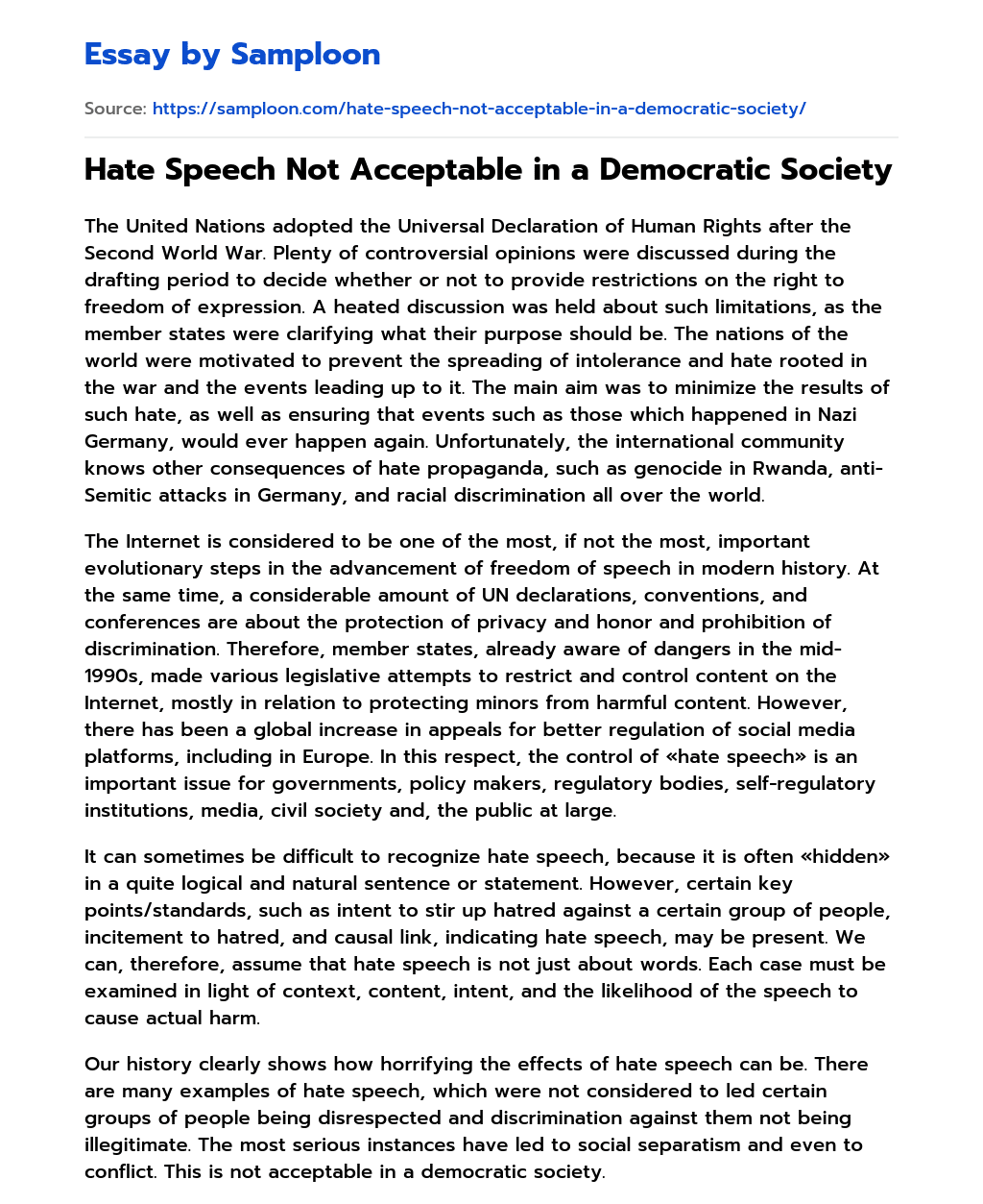 Hate Speech Not Acceptable in a Democratic Society essay