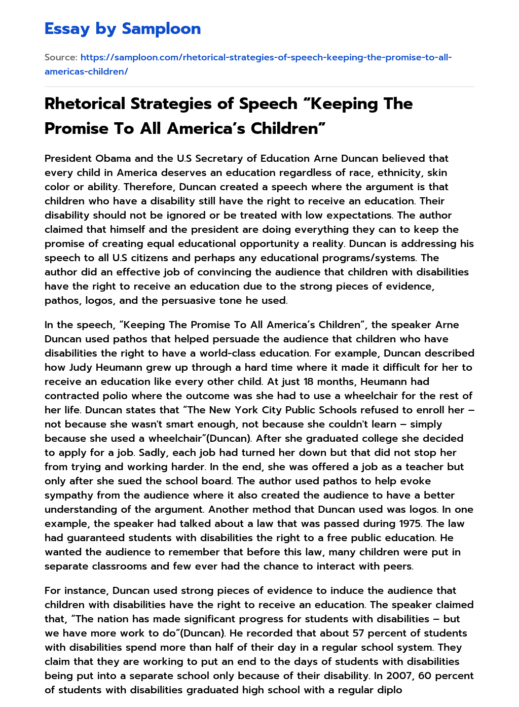 Rhetorical Strategies of Speech “Keeping The Promise To All America’s Children” essay