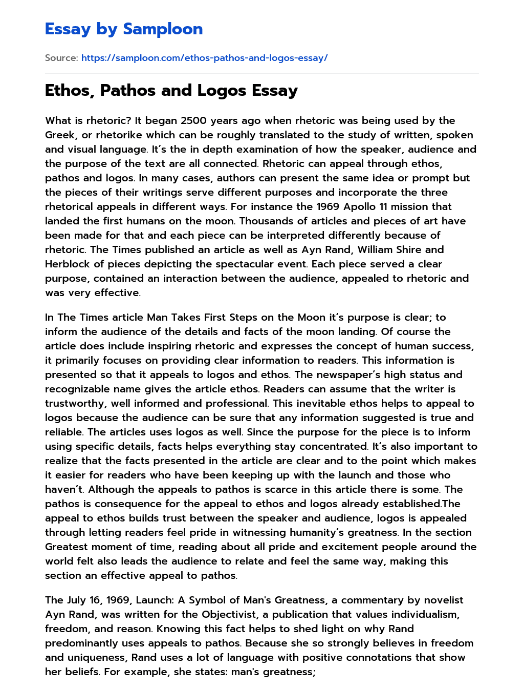 Ethos, Pathos and Logos Essay Rhetorical Analysis essay