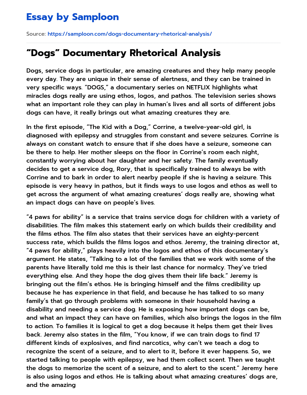 “Dogs” Documentary Rhetorical Analysis essay
