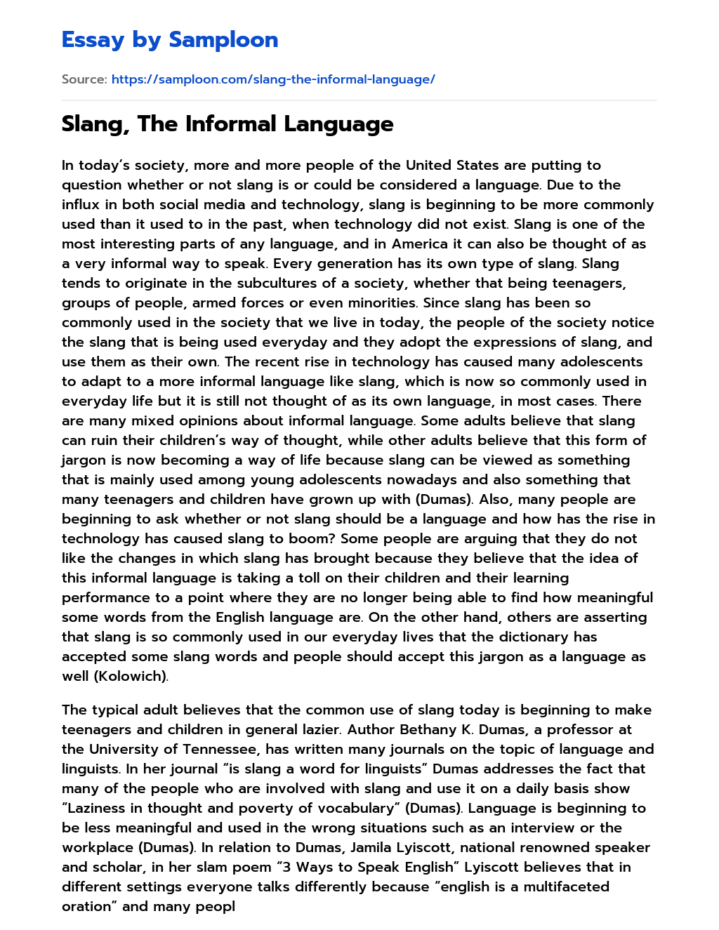 Slang, The Informal Language  essay