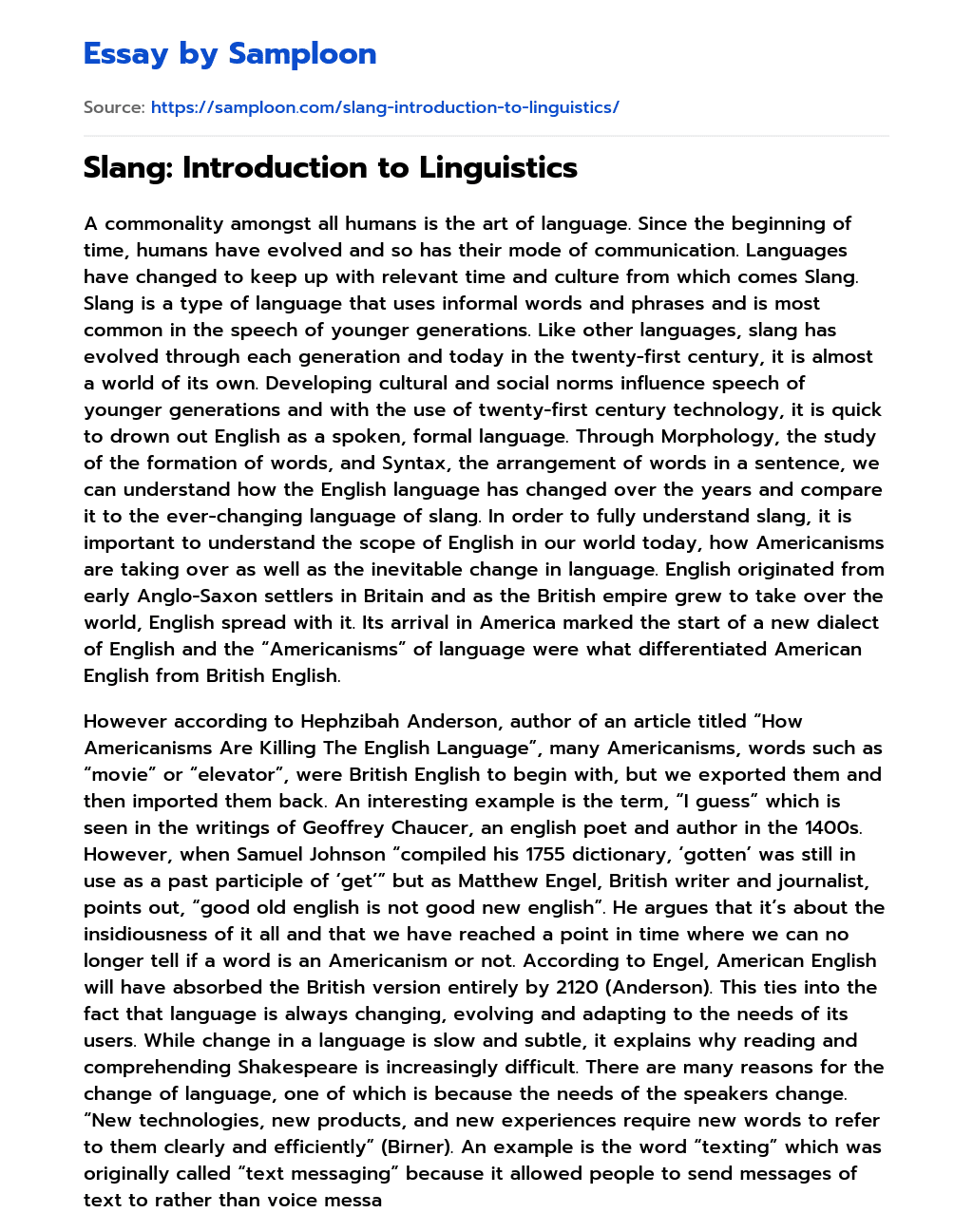 Slang: Introduction to Linguistics essay
