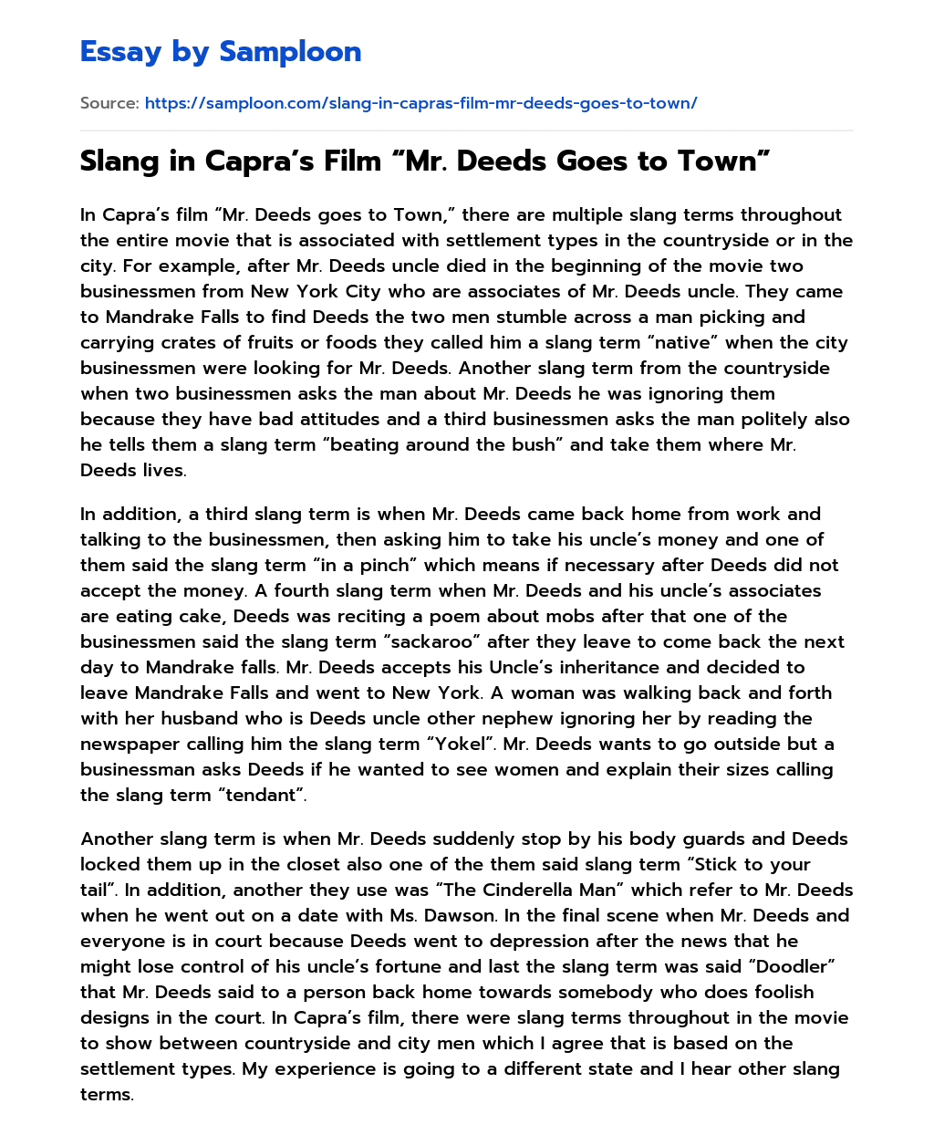 Slang in Capra’s Film “Mr. Deeds Goes to Town” essay