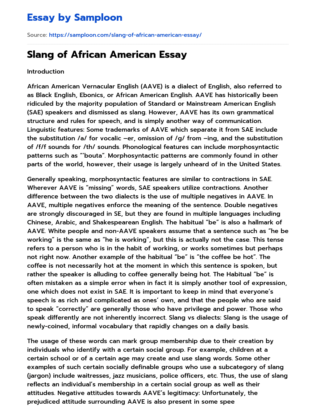 Slang of African American Essay essay