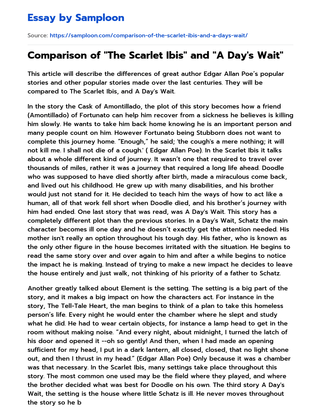 Comparison of “The Scarlet Ibis” and “A Day’s Wait” Summary essay