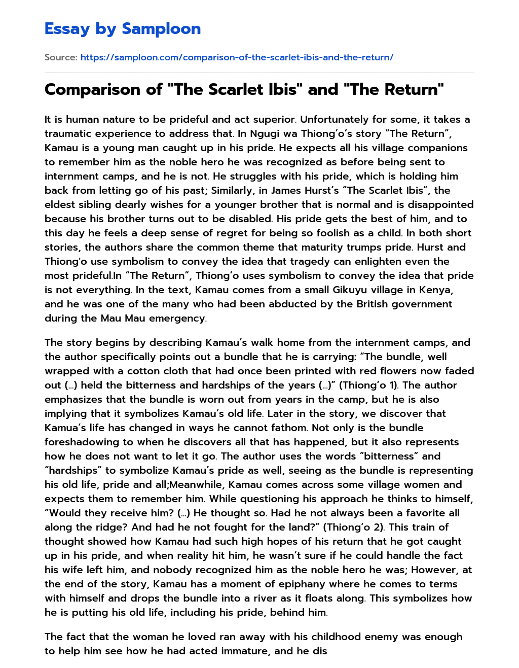 Comparison of “The Scarlet Ibis” and “The Return” essay
