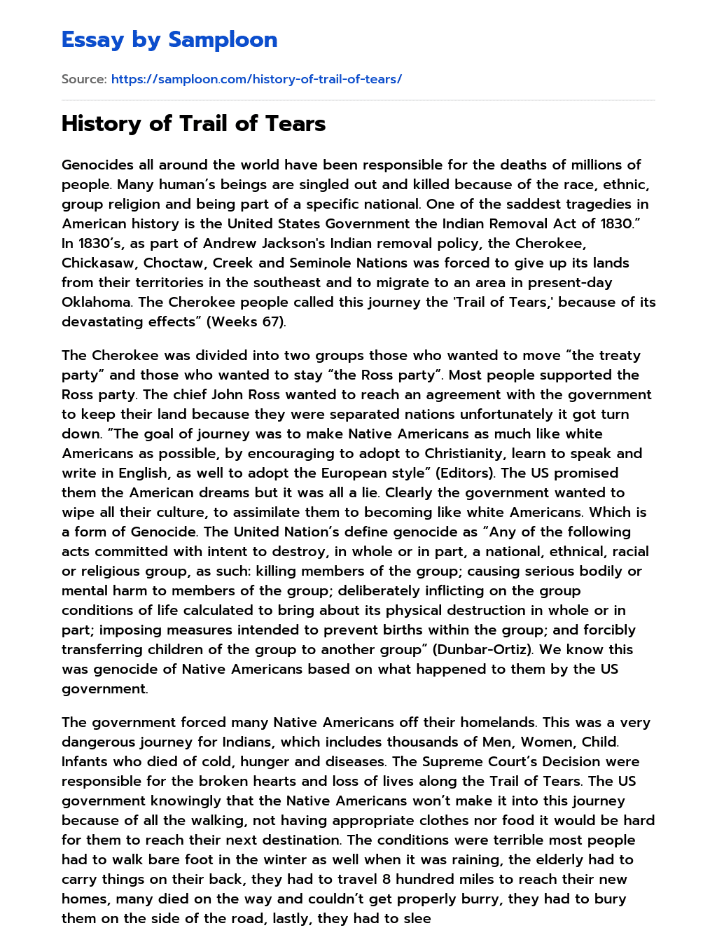 History of Trail of Tears essay
