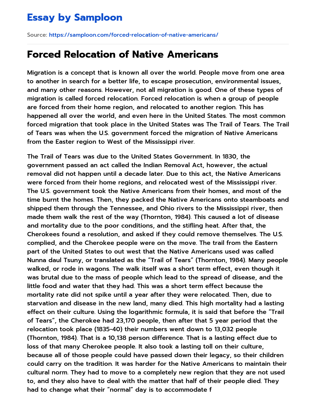 Forced Relocation of Native Americans essay
