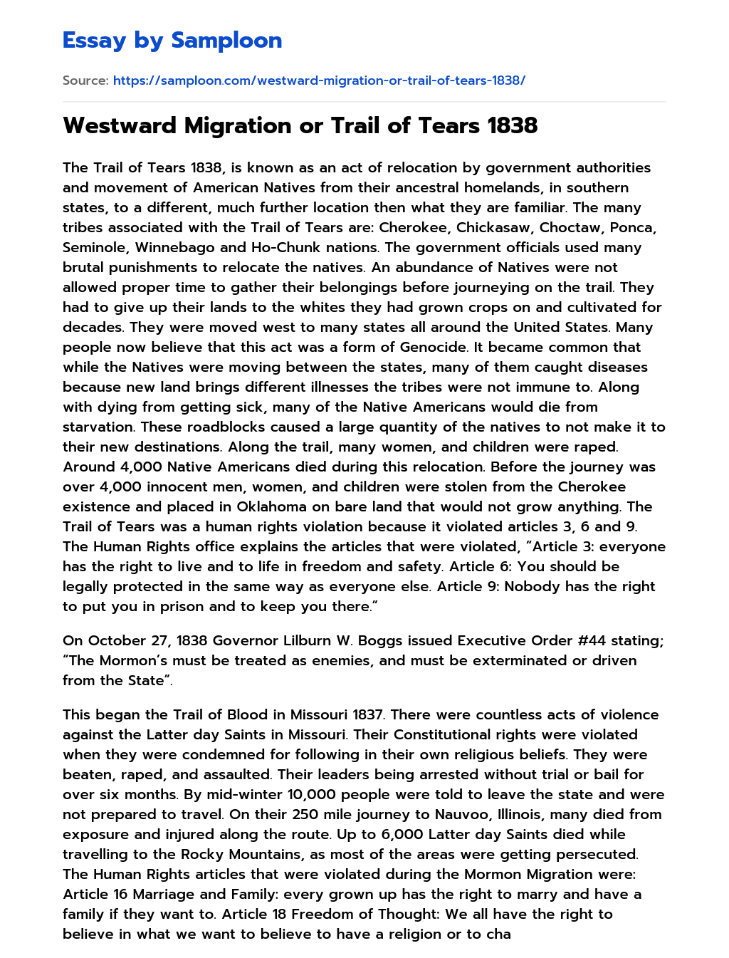 Westward Migration or Trail of Tears 1838 essay