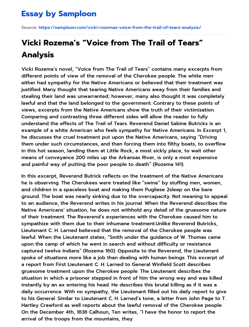 Vicki Rozema’s “Voice from The Trail of Tears” Analysis essay