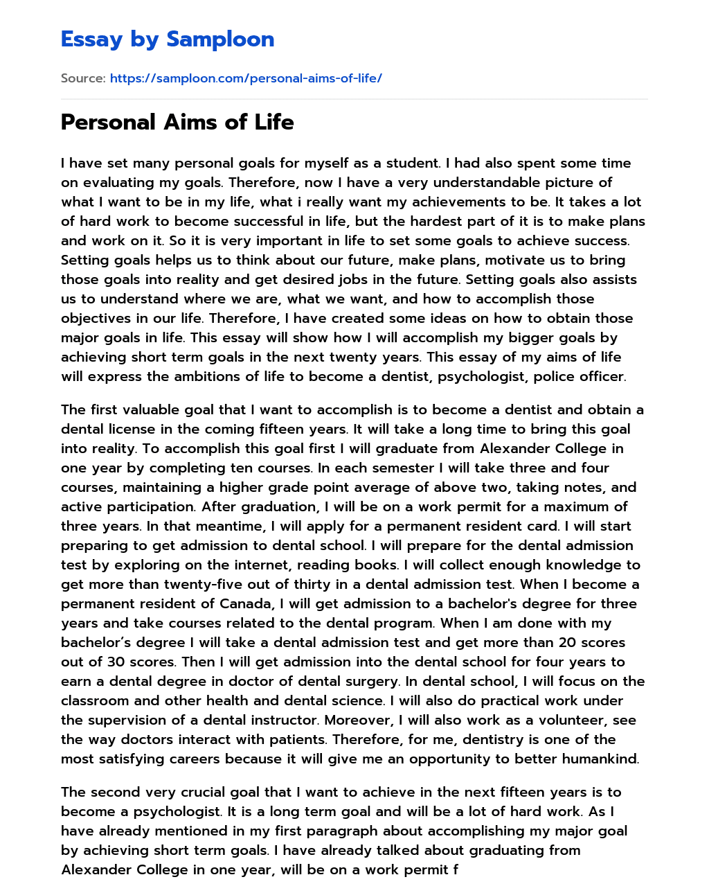 Personal Aims of Life essay