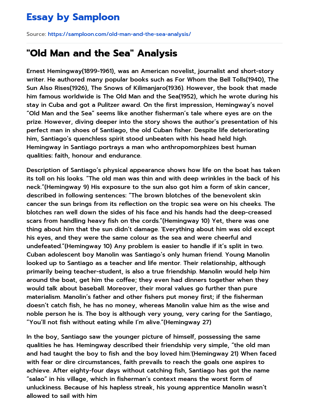 “Old Man and the Sea” Analysis essay
