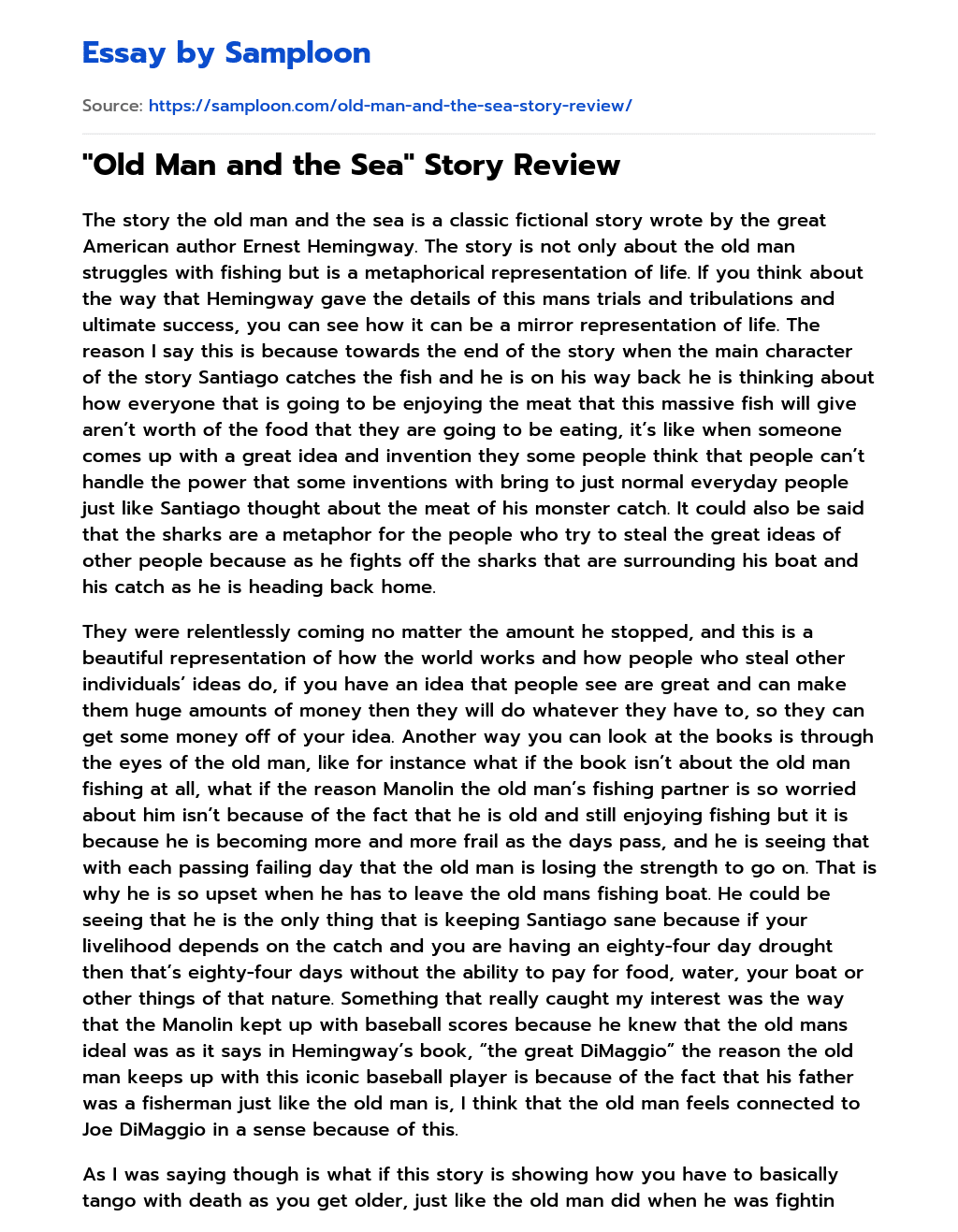 “Old Man and the Sea” Story Review essay