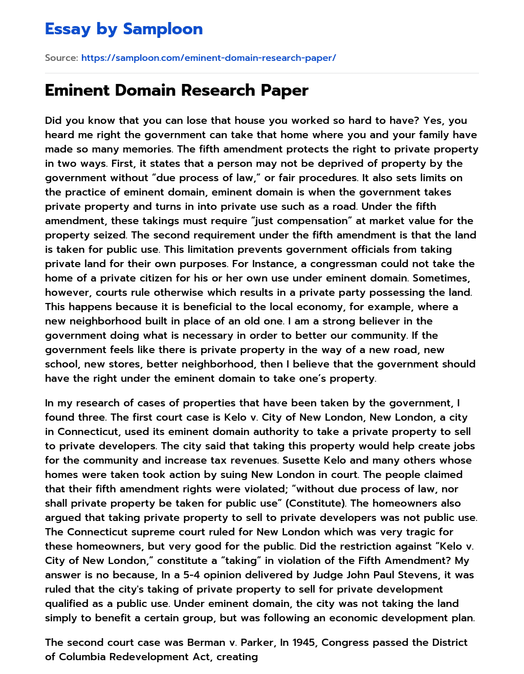 Eminent Domain Research  Paper essay